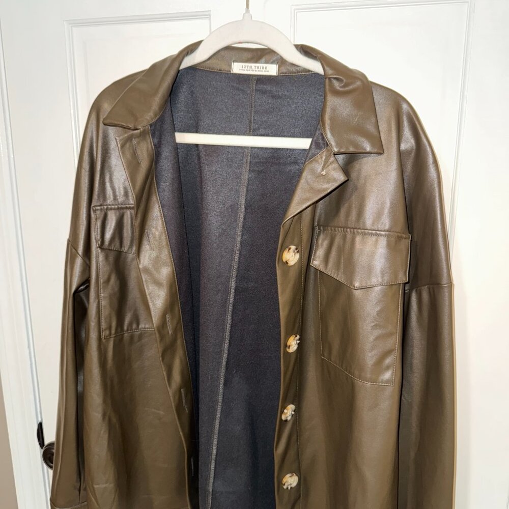 12th Tribe Brentwood Vegan Leather Olive Shacket | size L